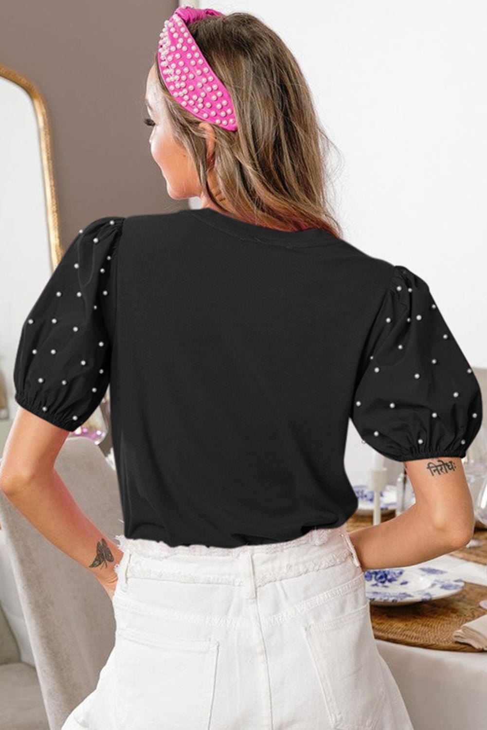 Bright Green Ribbed Pearl Beaded Puff Sleeve Top - Essential Retail Store