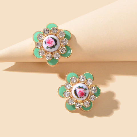 Bohemian Ethnic Rhinestone Decoration Green Enamel Flower Stud