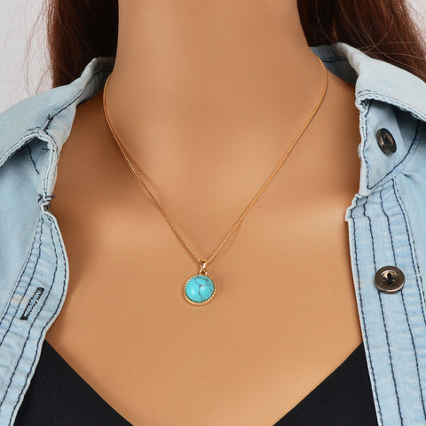 Bohemian Jewelry Gold Chain Round Turquoise Pendant Necklace Ethnic