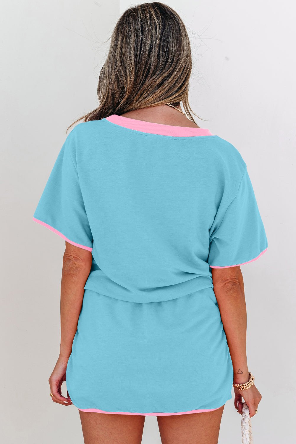 Turquoise Colorblock Edge Drop Shoulder T Shirt and Skort 2Pcs Set - Essential Retail Store