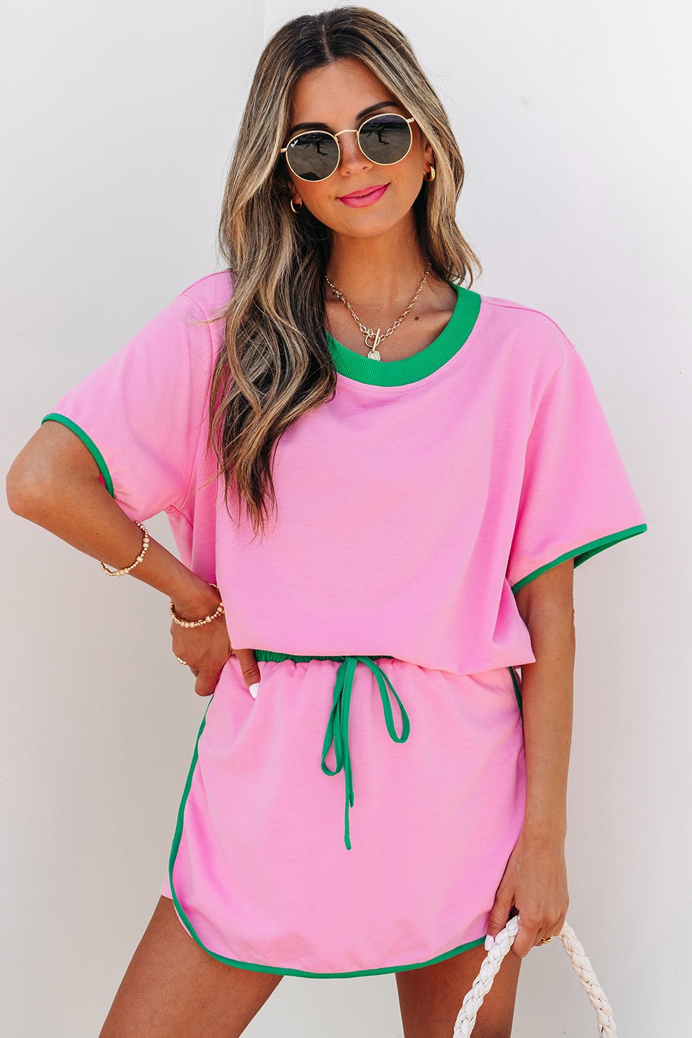 Turquoise Colorblock Edge Drop Shoulder T Shirt and Skort 2Pcs Set - Essential Retail Store