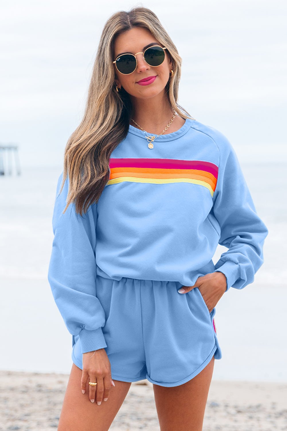 Bonbon Striped Accent Pullover and Shorts Two Piece Casual Set - Essential Retail Store