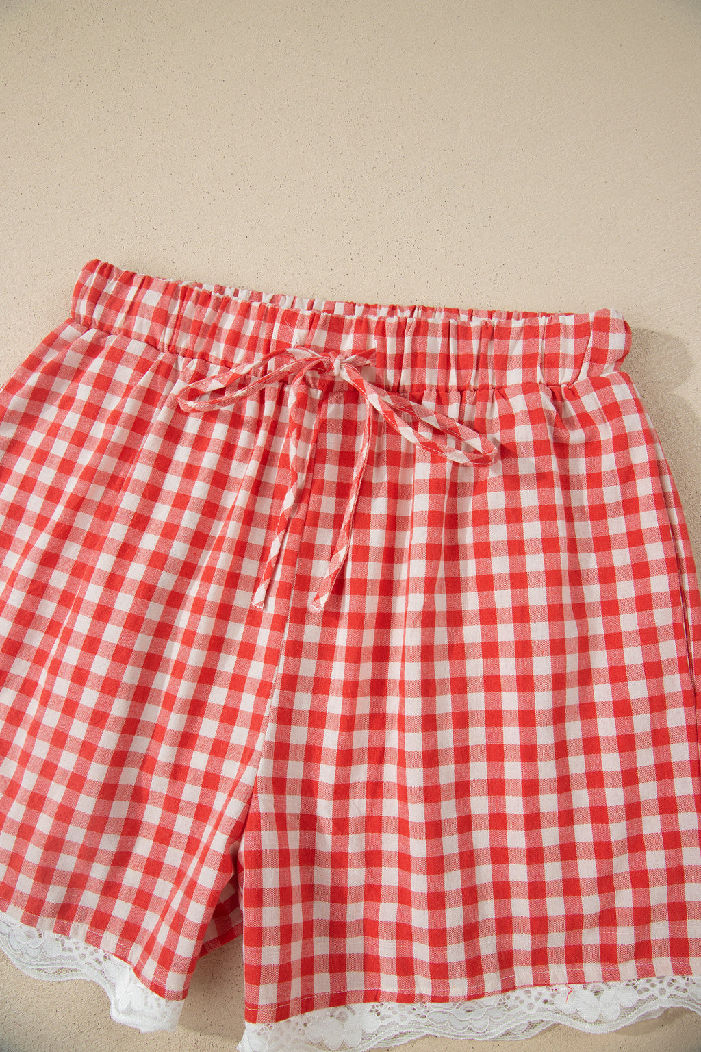 Red Gingham Plaid Tie Elastic Waist Lace Patchwork Hem Casual Shorts - Essential Retail Store