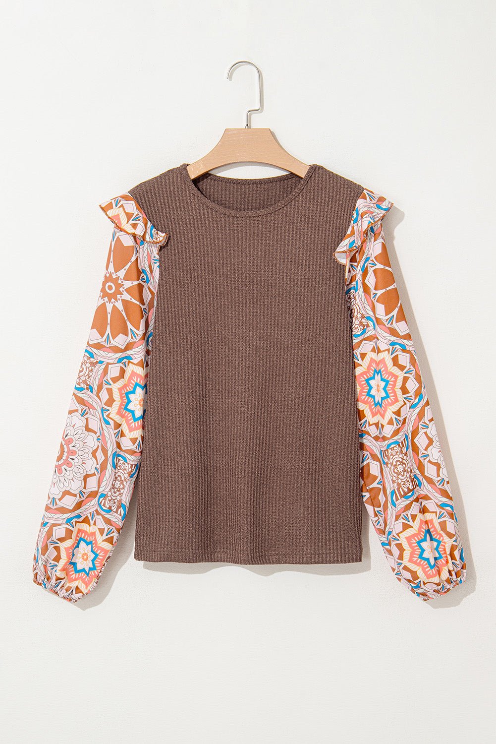 Ashleigh Blue Ruffled Floral Sleeve Patchwork Waffle Knit O Neck Blouse - Essential Retail Store