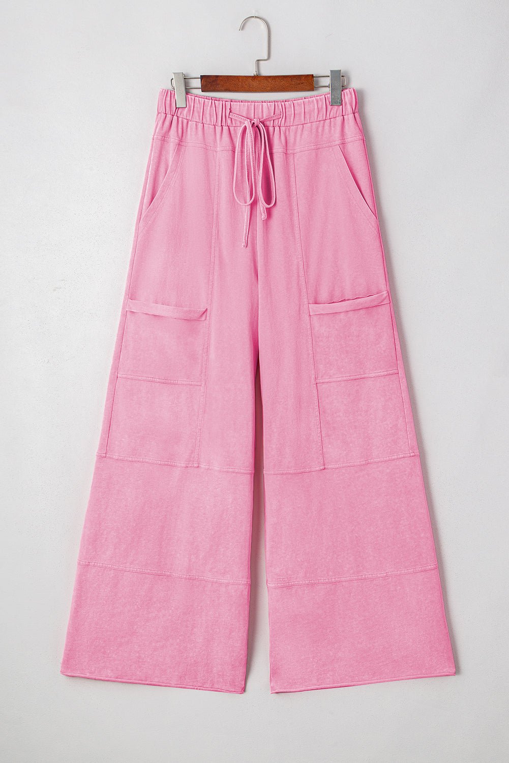 Bonbon Mineral Wash Exposed Seam Drawstring Elastic Waistband Wide Leg Cargo Pants - Essential Retail Store