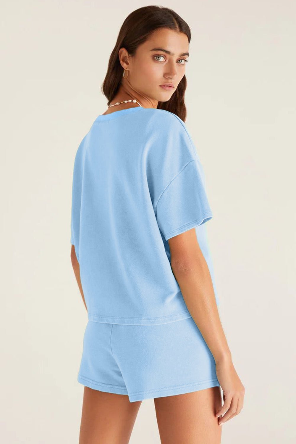 Mint Green V Neck Drop Shoulder Tee and Patchwork Drawstring Elastic Waistband Shorts Set - Essential Retail Store