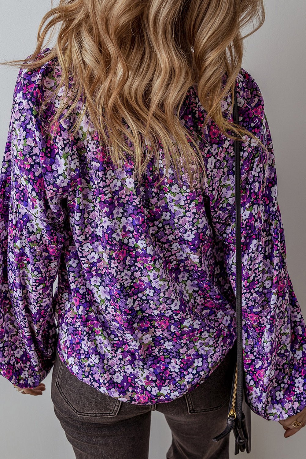 Purple Boho Flower Split V Neck Bubble Sleeve Blouse - Essential Retail Store