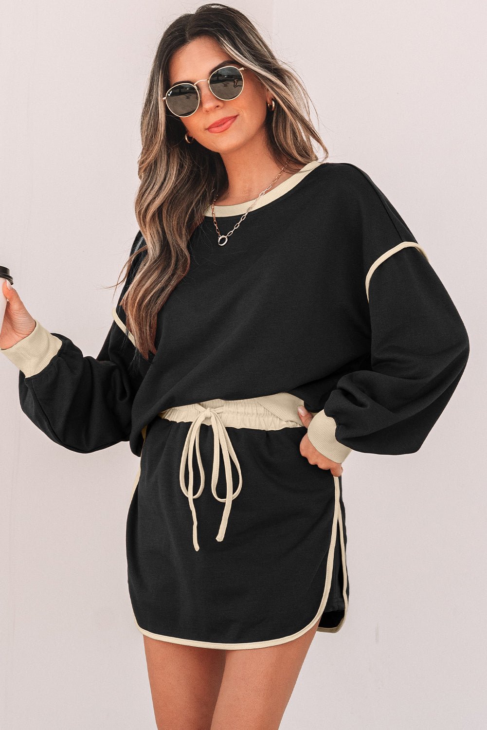 Evergreen Color Contrast Loose Pullover and Lace - up Waist Skort Set - Essential Retail Store