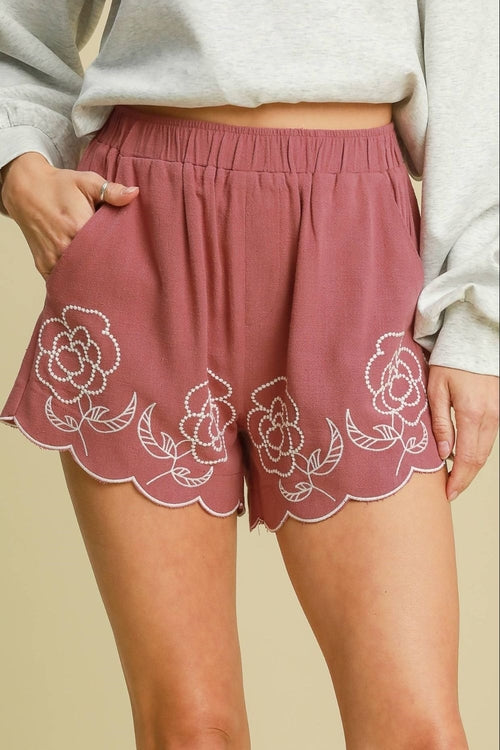 Umgee Full Size Linen Blend Shorts with Floral Embroidered Details