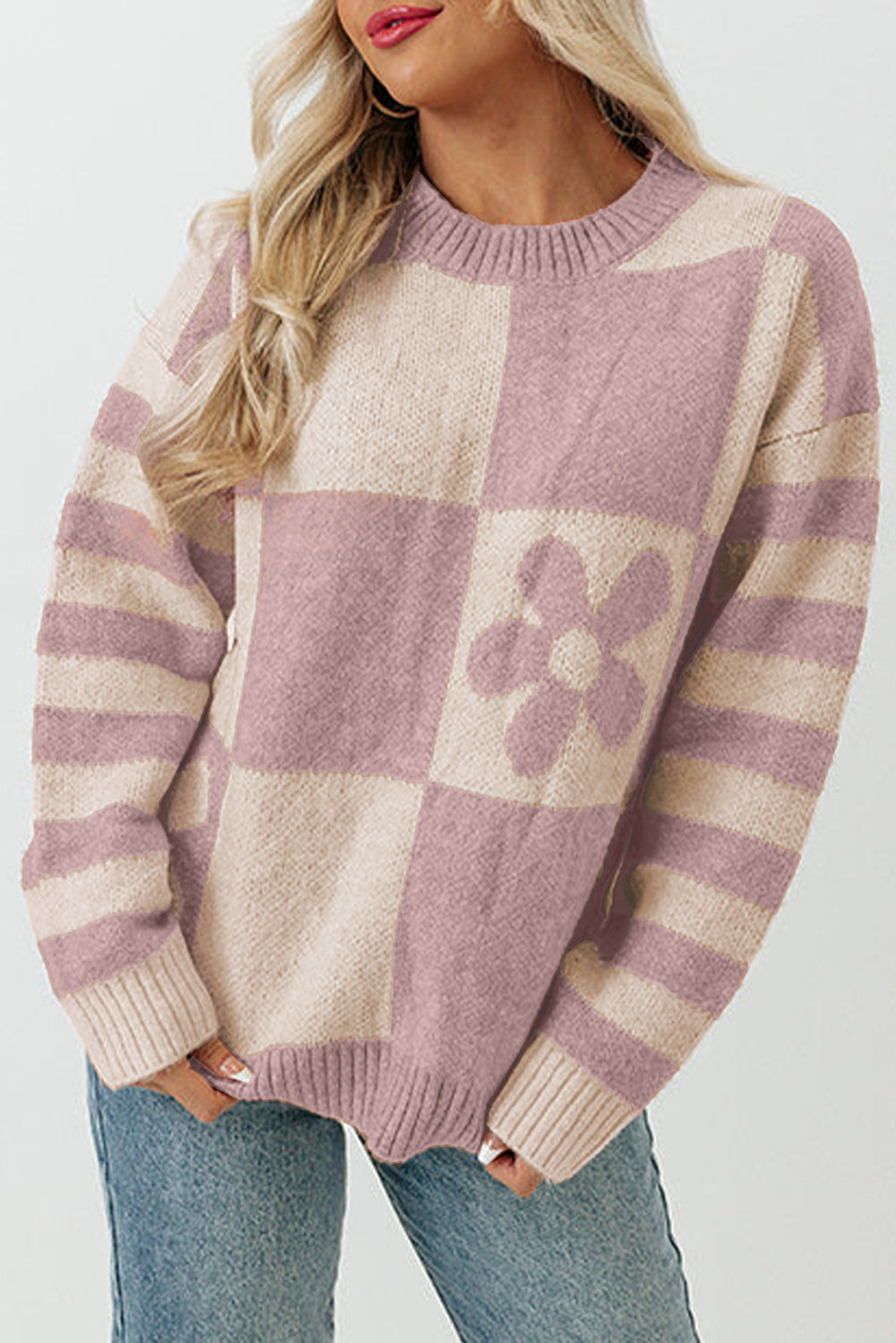 Green Checkered Floral Print Striped Sleeve Sweater