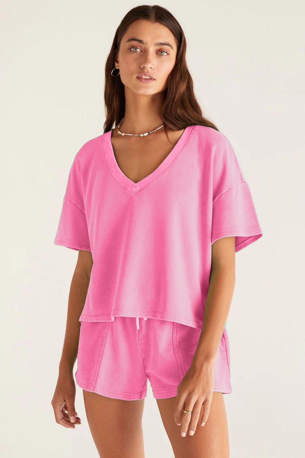 Mint Green V Neck Drop Shoulder Tee and Patchwork Drawstring Elastic Waistband Shorts Set - Essential Retail Store