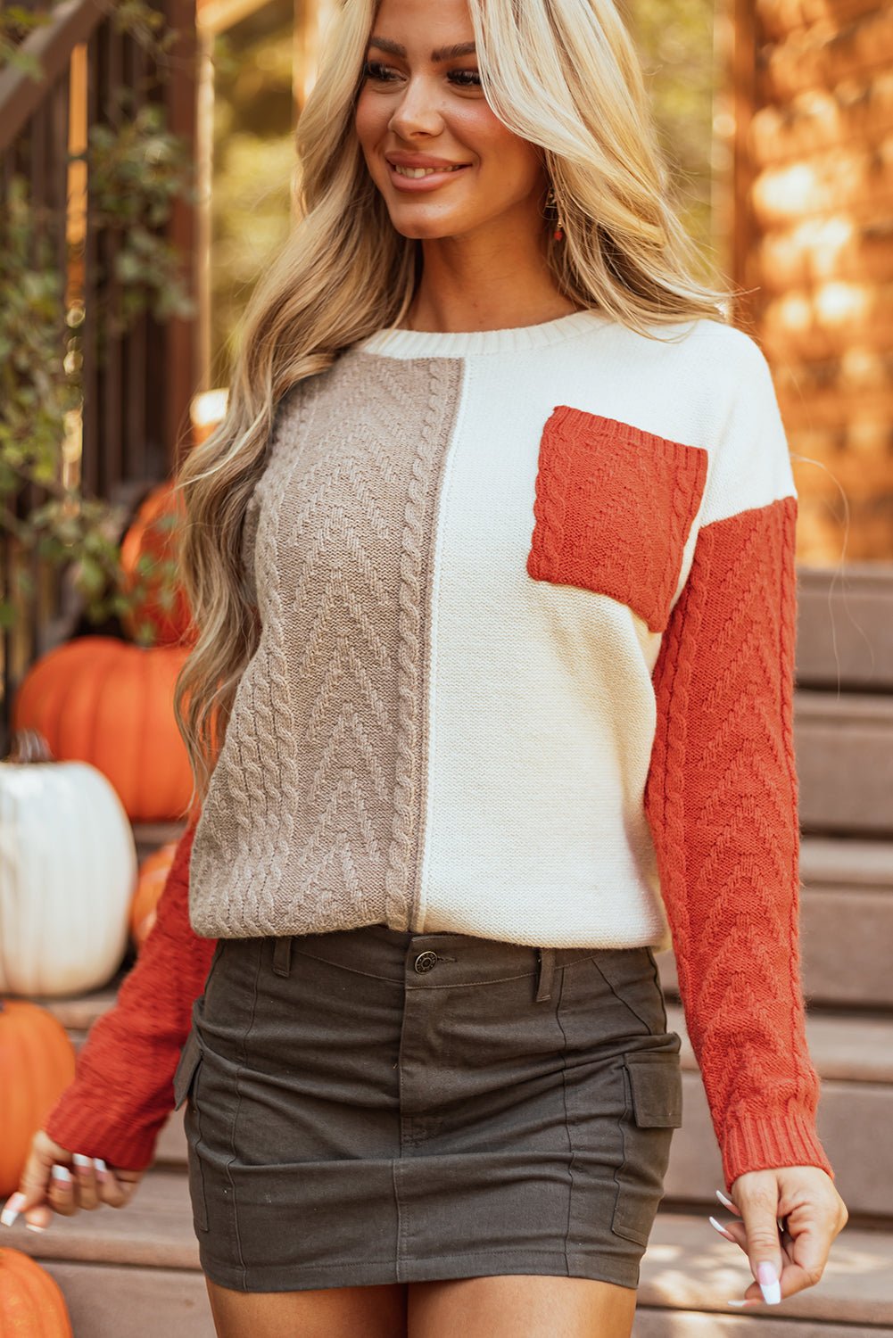 Vineyard Green Colorblock Patched Pocket Drop Shoulder Sweater - Essential Retail Store