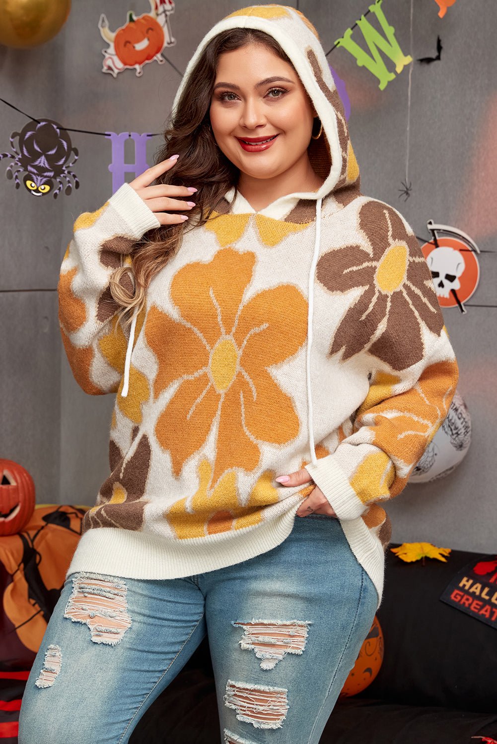 White Large Flower Knitted Drawstring Hooded Plus Size Sweater - Essential Retail Store