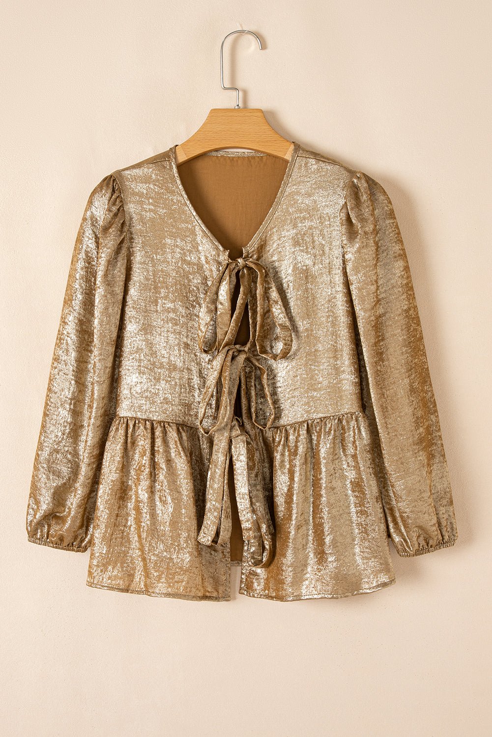 Gold Bow Tie Front Puff 3/4 Sleeve Ruffle Hem Blouse - Essential Retail Store