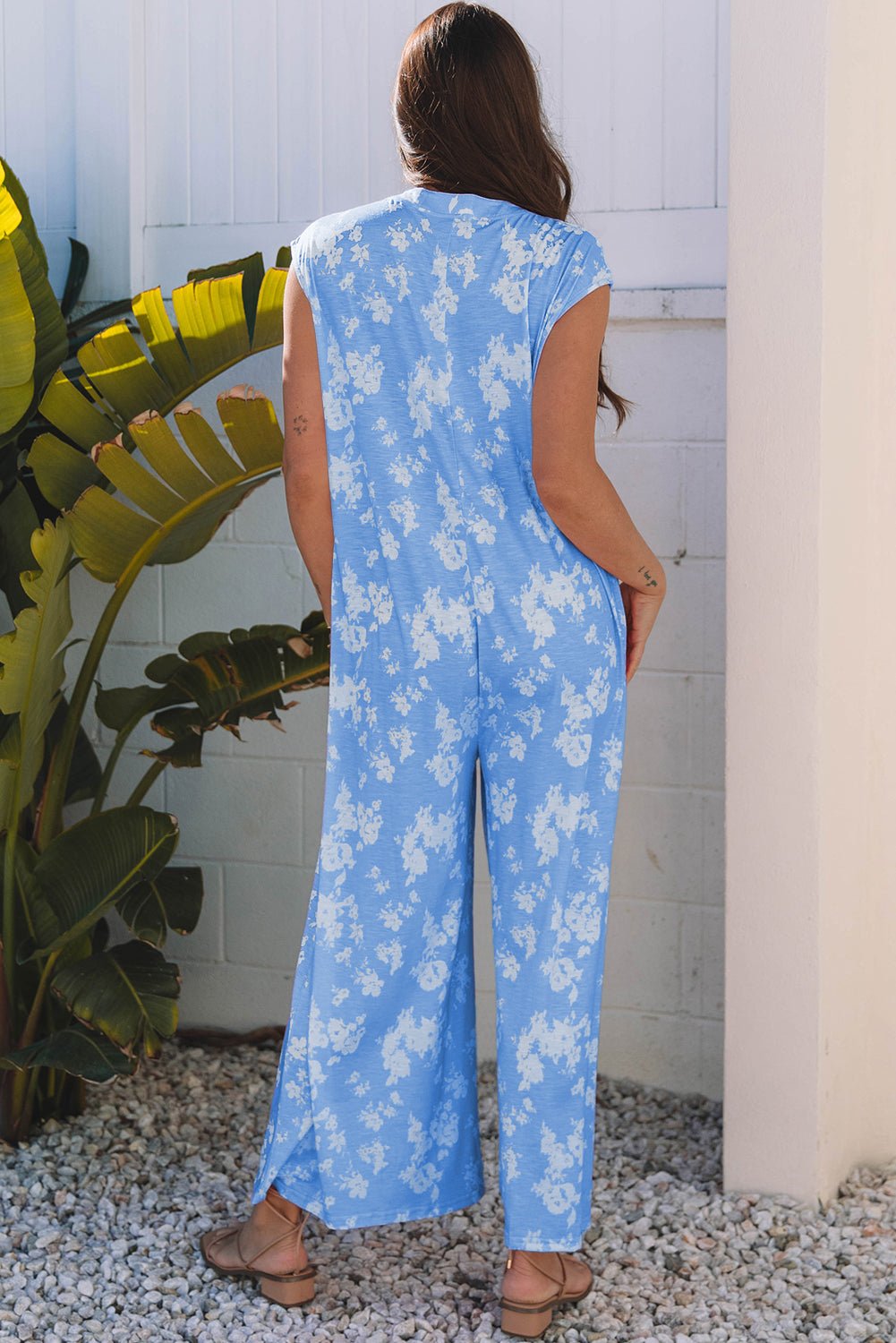 Myosotis Floral Print Half Button Wide Leg Relaxed Sleeveless Jumpsuit - Essential Retail Store