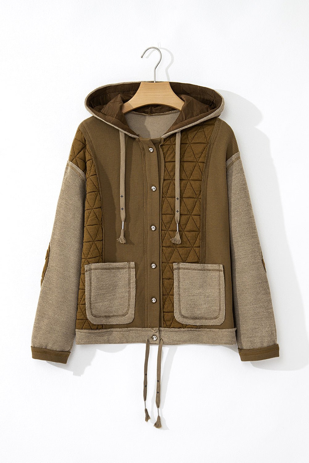 Jungle Green Quilted Textured Patchwork Loose Fit Hooded Jacket - Essential Retail Store
