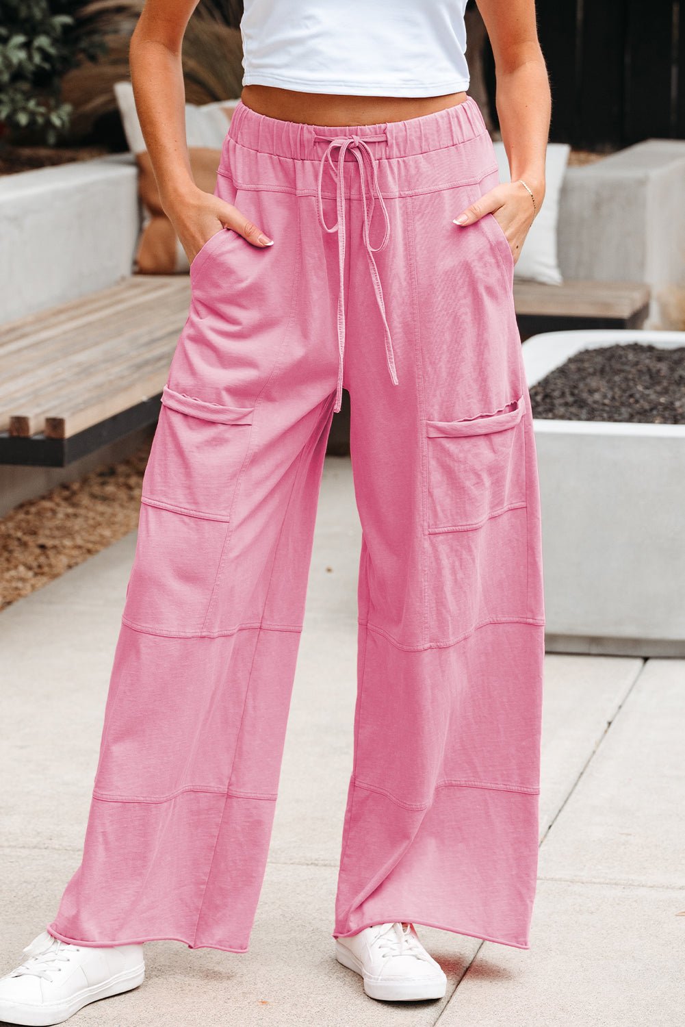 Bonbon Mineral Wash Exposed Seam Drawstring Elastic Waistband Wide Leg Cargo Pants - Essential Retail Store