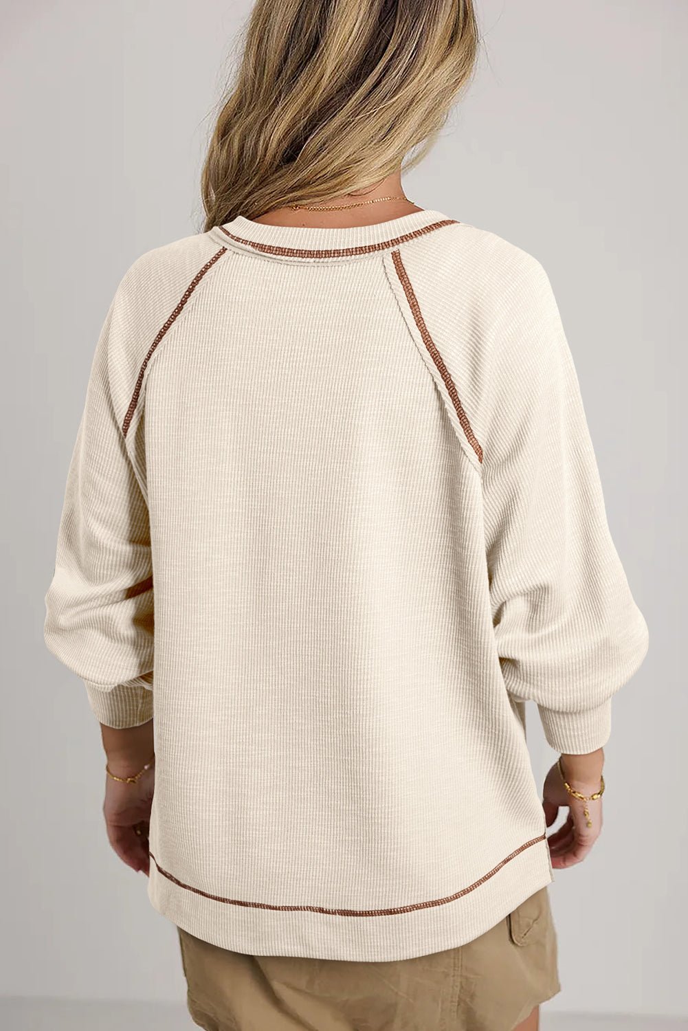 Beige Exposed Seam Textured Knit V Neck Pullover Top - Essential Retail Store