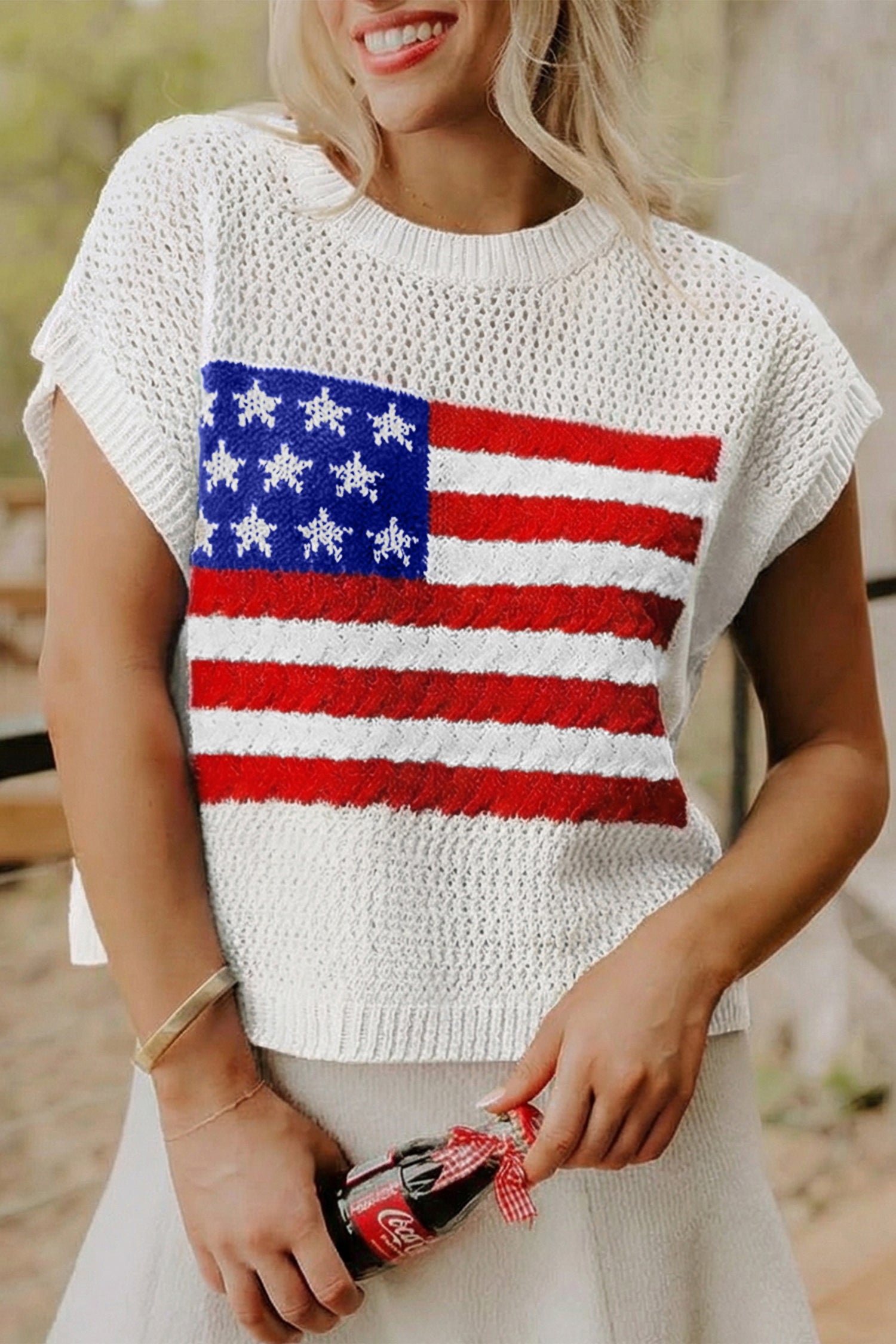 Sky Blue Flag Graphic Short Sleeve Sweater Top - Essential Retail Store