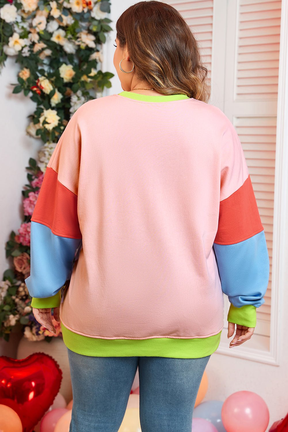 Light Pink Plus Size Colorblock Patchwork Crew Neck Sweatshirt - Essential Retail Store