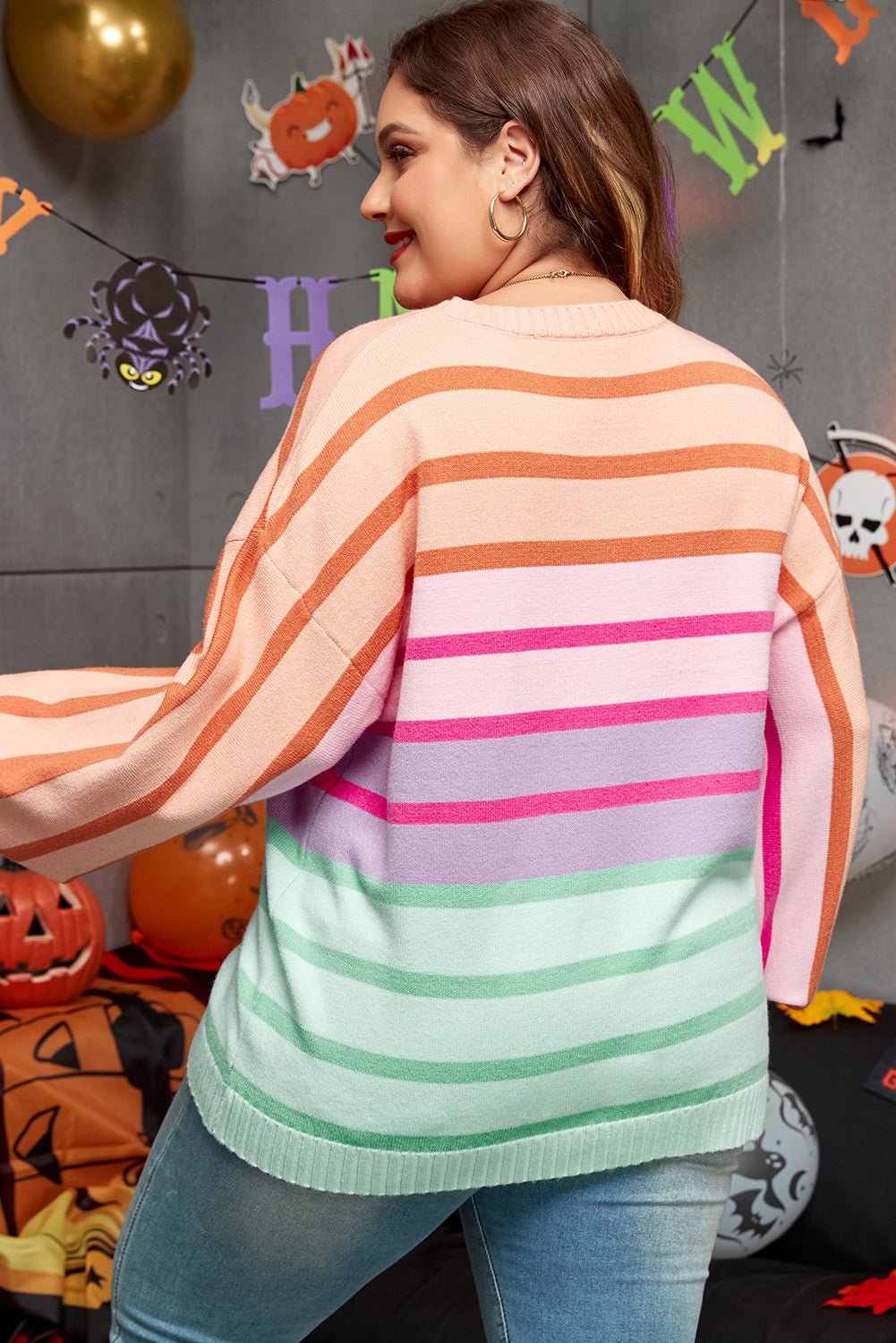 Pink Stripe Color Block Balloon Sleeve Crewneck Plus Size Sweater - Essential Retail Store