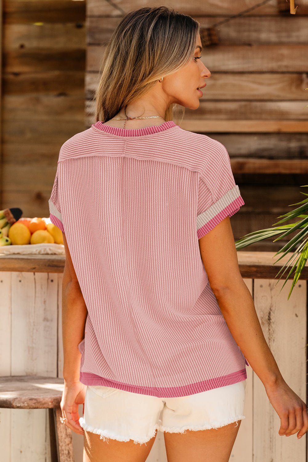Bright Pink Textured Contrast Trim Round Neck T Shirt - Essential Retail Store