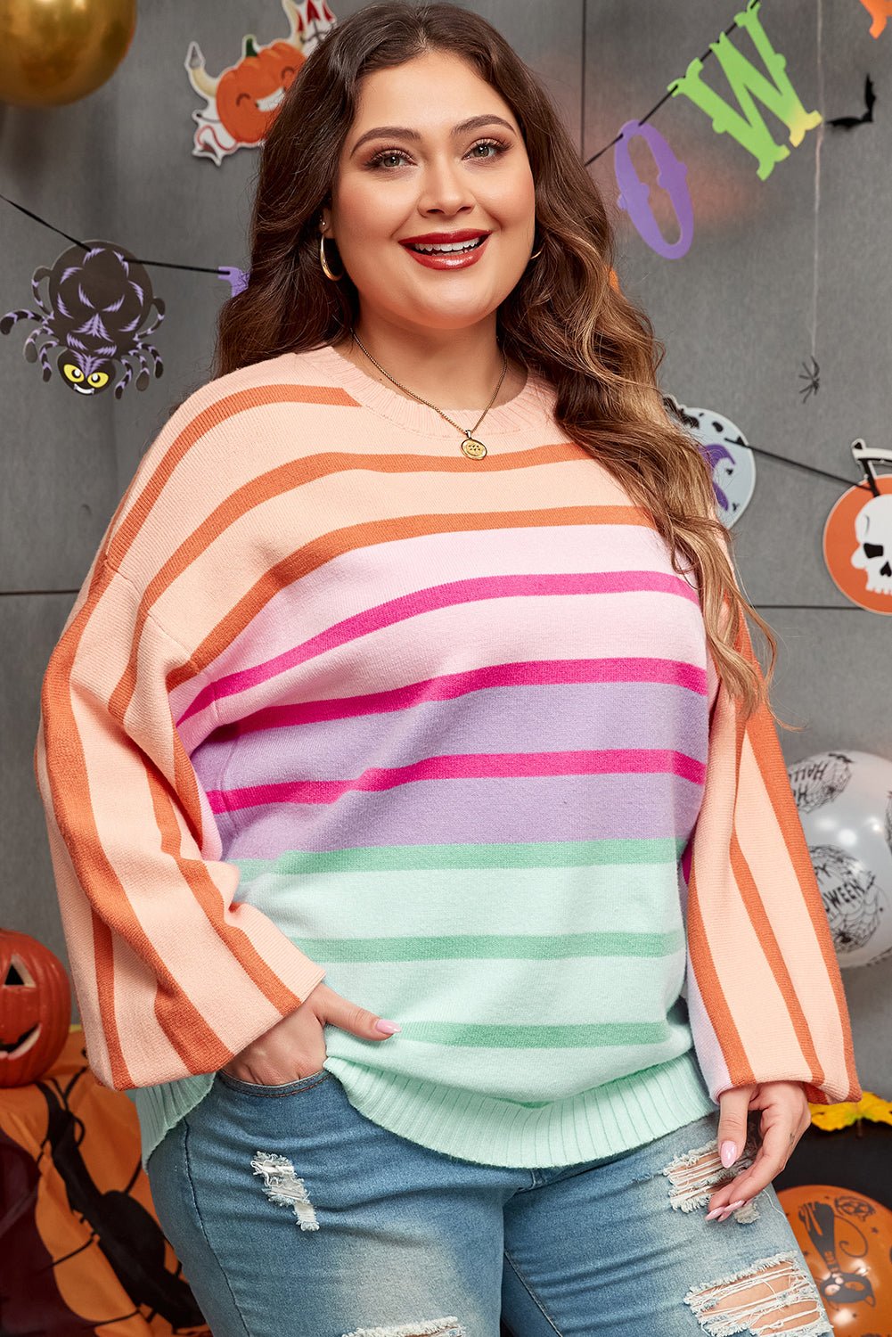 Pink Stripe Color Block Balloon Sleeve Crewneck Plus Size Sweater - Essential Retail Store