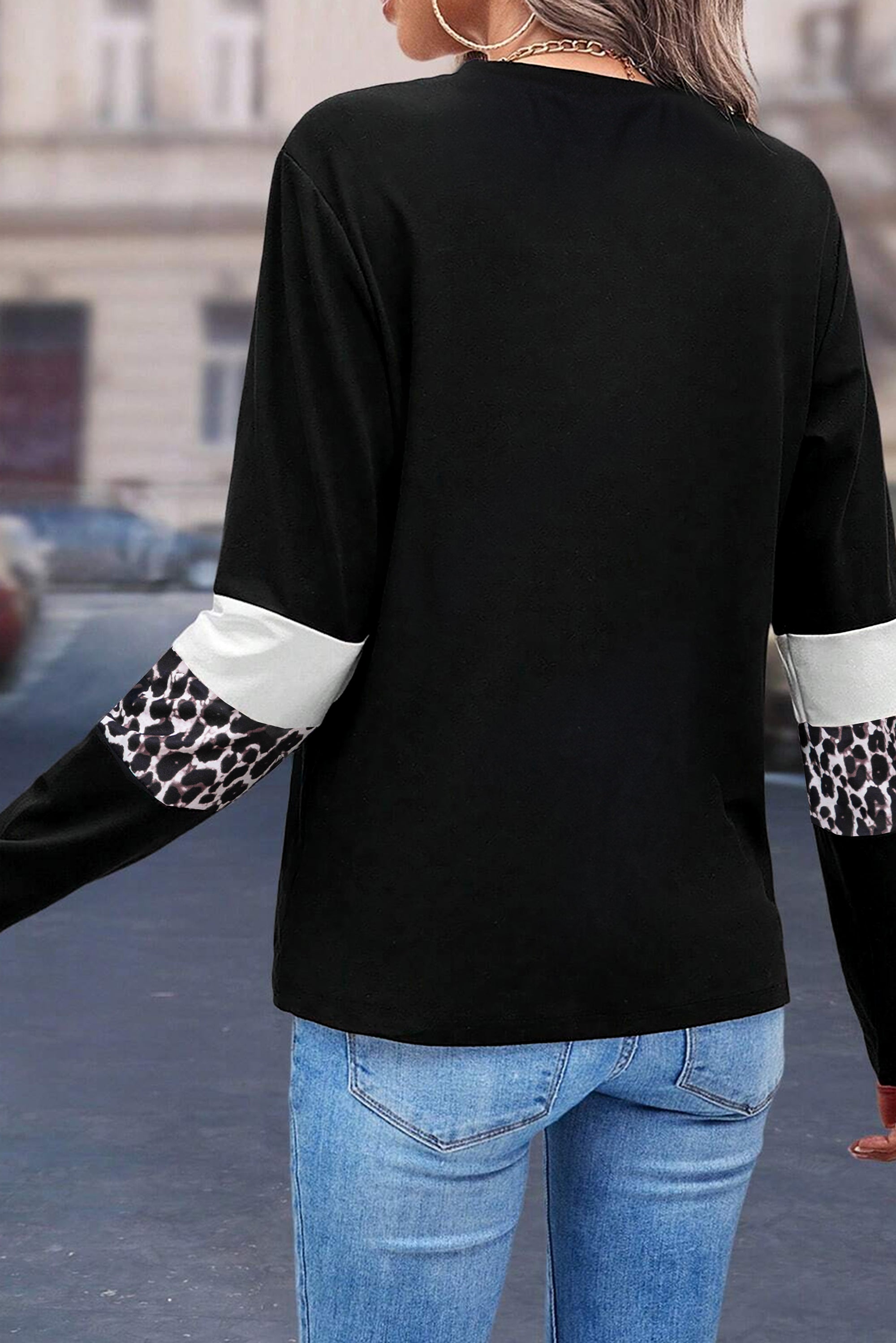 White Leopard Colorblock Patchwork Crew Neck Long Sleeve Tee - Essential Retail Store