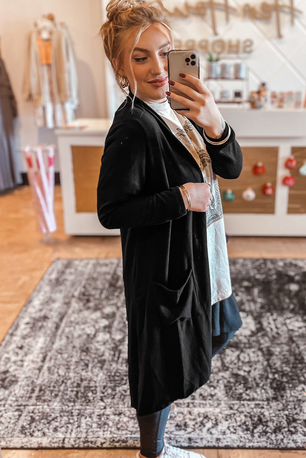 Black Solid Color Open Front Cardigan with Pocket - Essential Retail Store