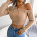Bare Shoulders Knitted Sweater - Women Long Sleeve Short Pullover