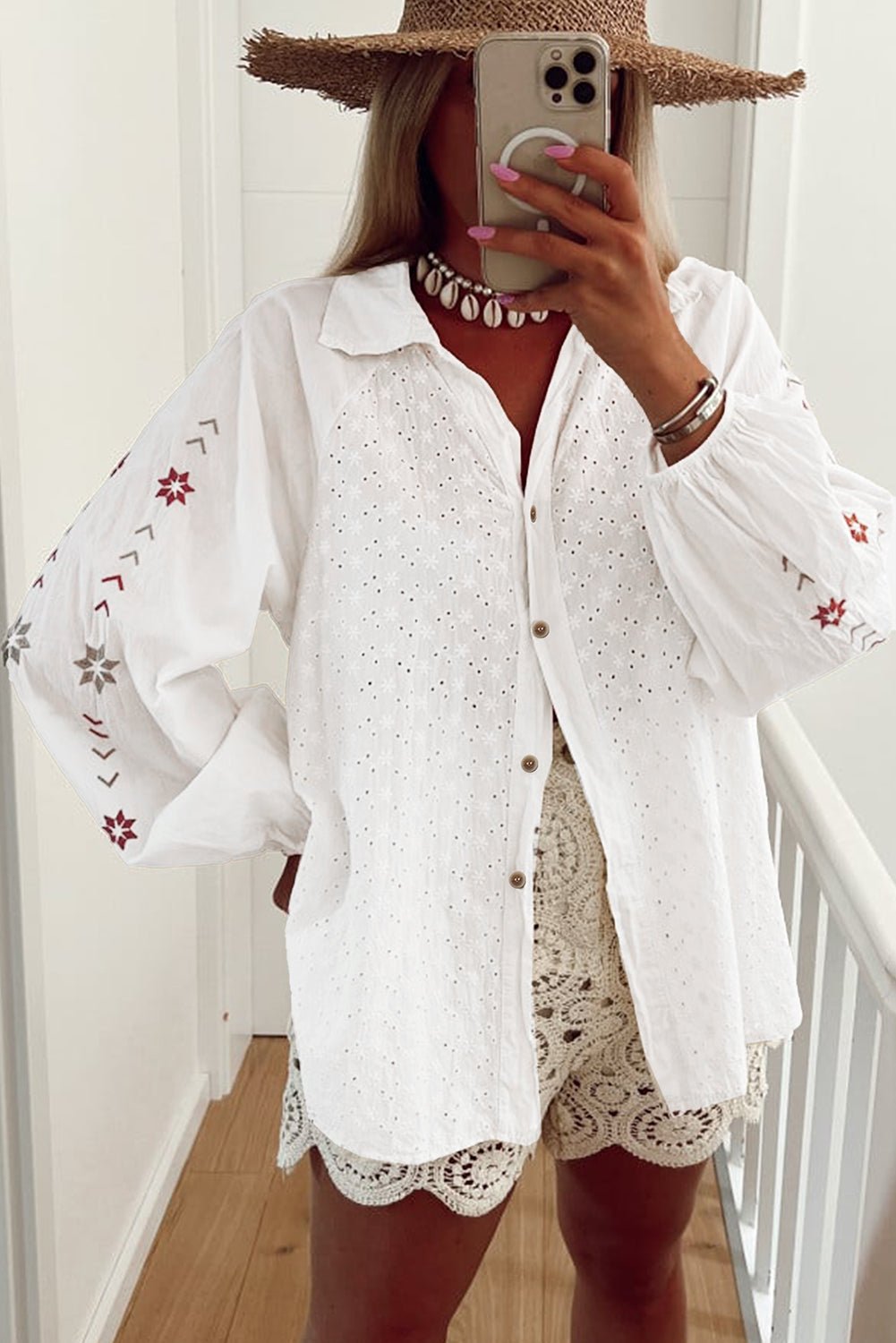 White Floral Embroidered Puff Sleeve Eyelet Patchwork Shirt - Essential Retail Store