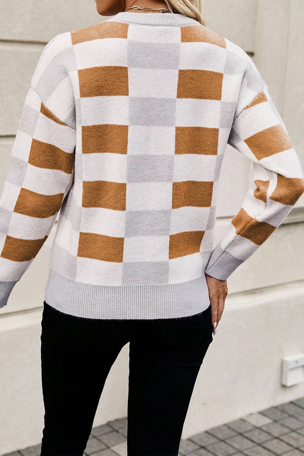 Khaki Checkered Ribbed Edge O Neck Drop Shoulder Sweater - Essential Retail Store