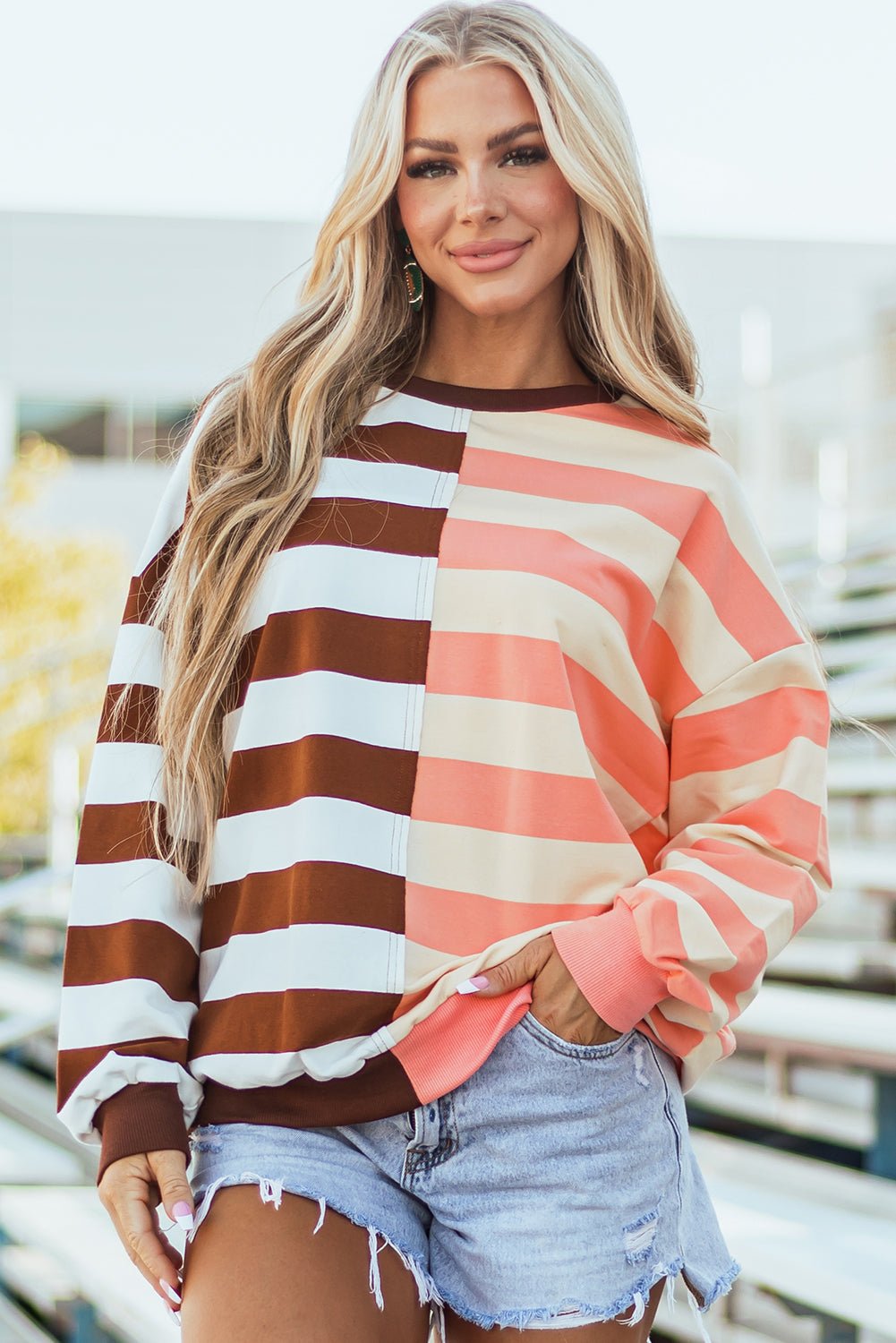 Brown Stripe Color Block Drop Shoulder Pullover Sweatshirt - Essential Retail Store