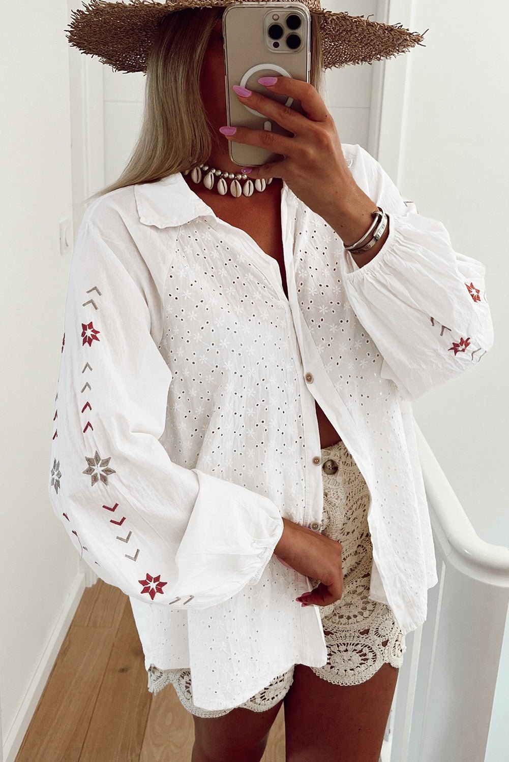 White Floral Embroidered Puff Sleeve Eyelet Patchwork Shirt - Essential Retail Store