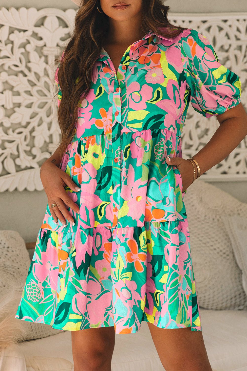 Green Floral Puff Sleeve Collar Buttoned Babydoll Dress - Essential Retail Store