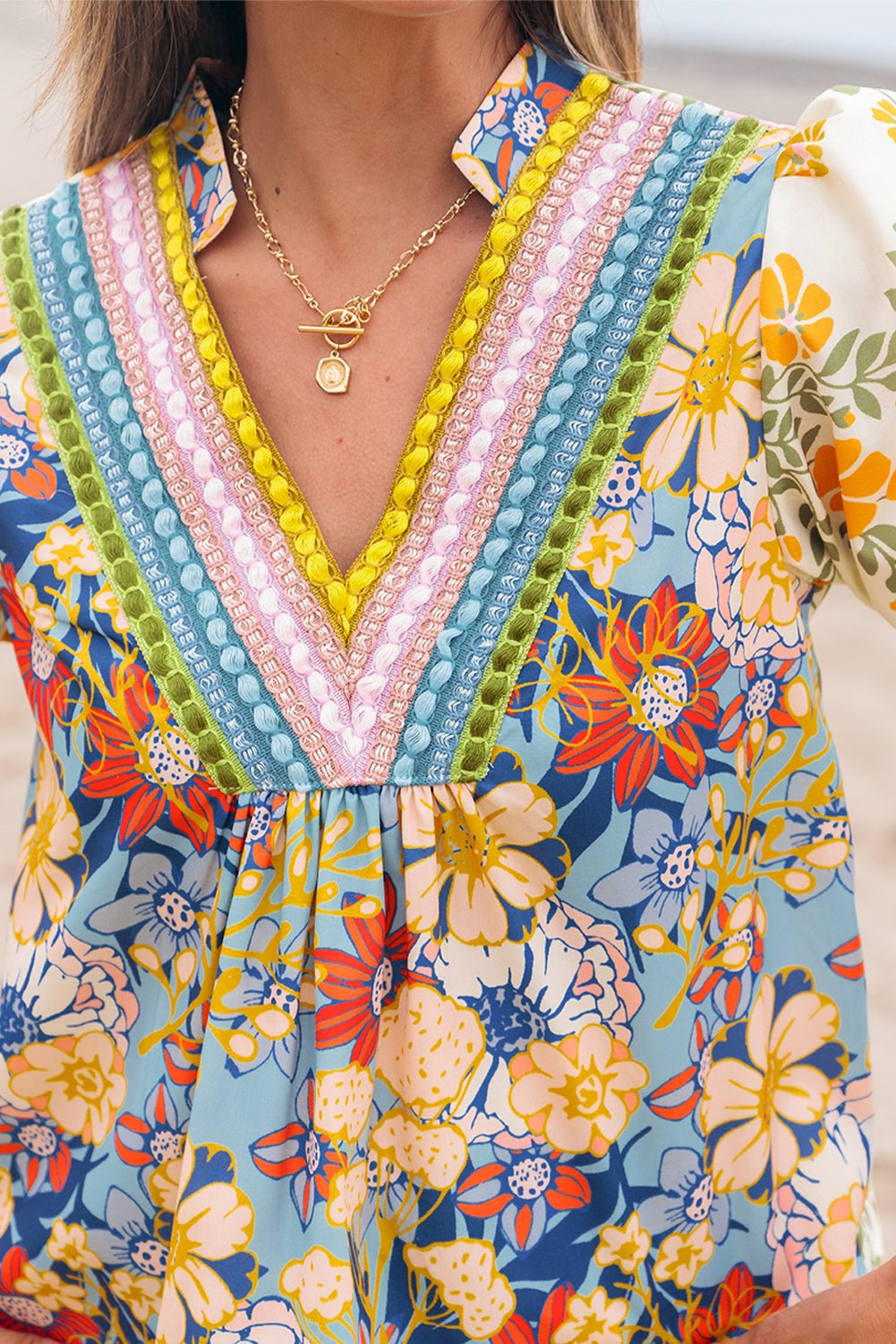Multicolour Crochet V Neck Half Sleeve Boho Floral Blouse - Essential Retail Store