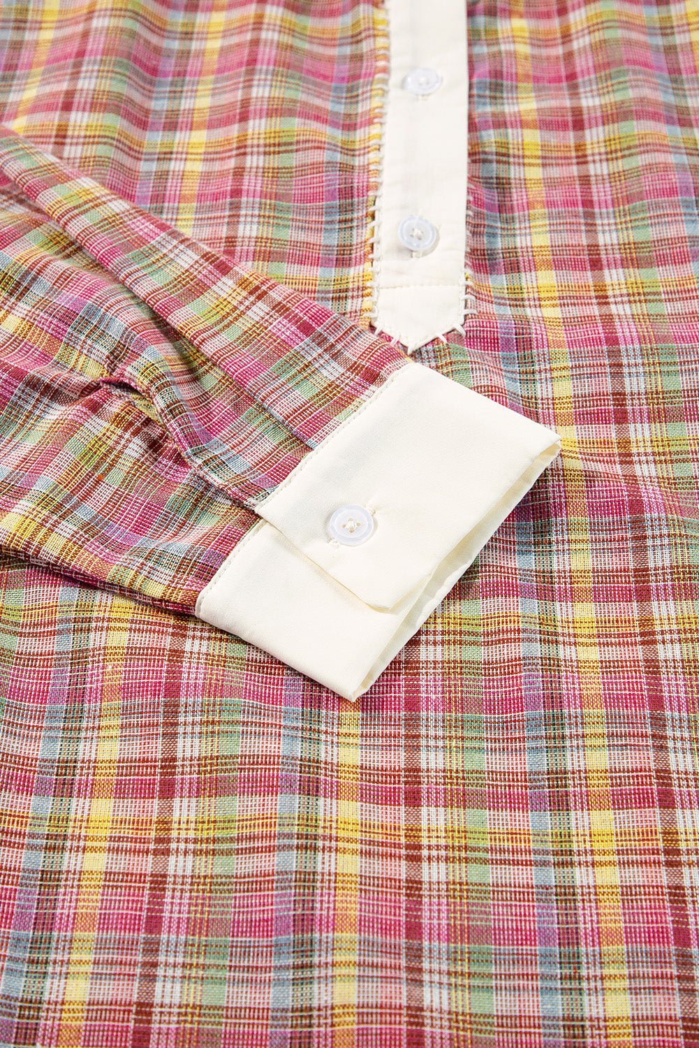 Pink Colorblock Plaid Patchwork Henley Blouse - Essential Retail Store