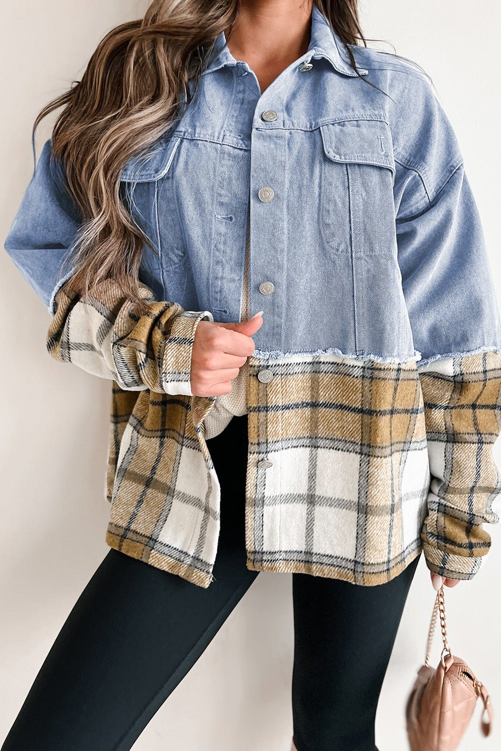 Khaki Plaid Patchwork Buttoned Oversized Denim Jacket - Essential Retail Store