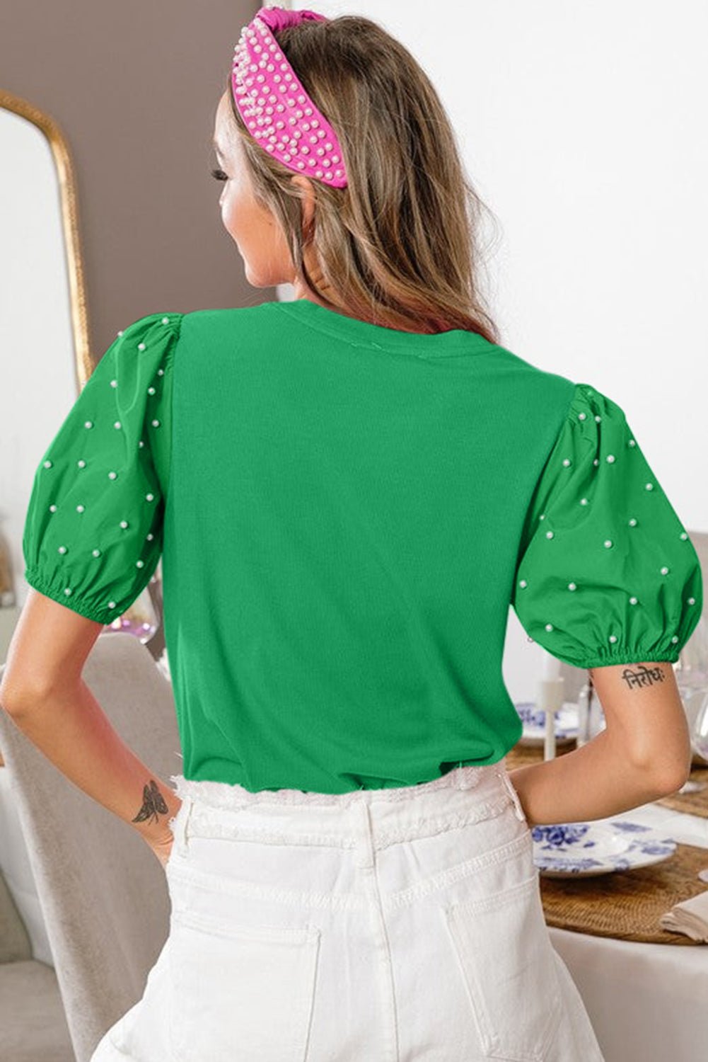 Bright Green Ribbed Pearl Beaded Puff Sleeve Top - Essential Retail Store
