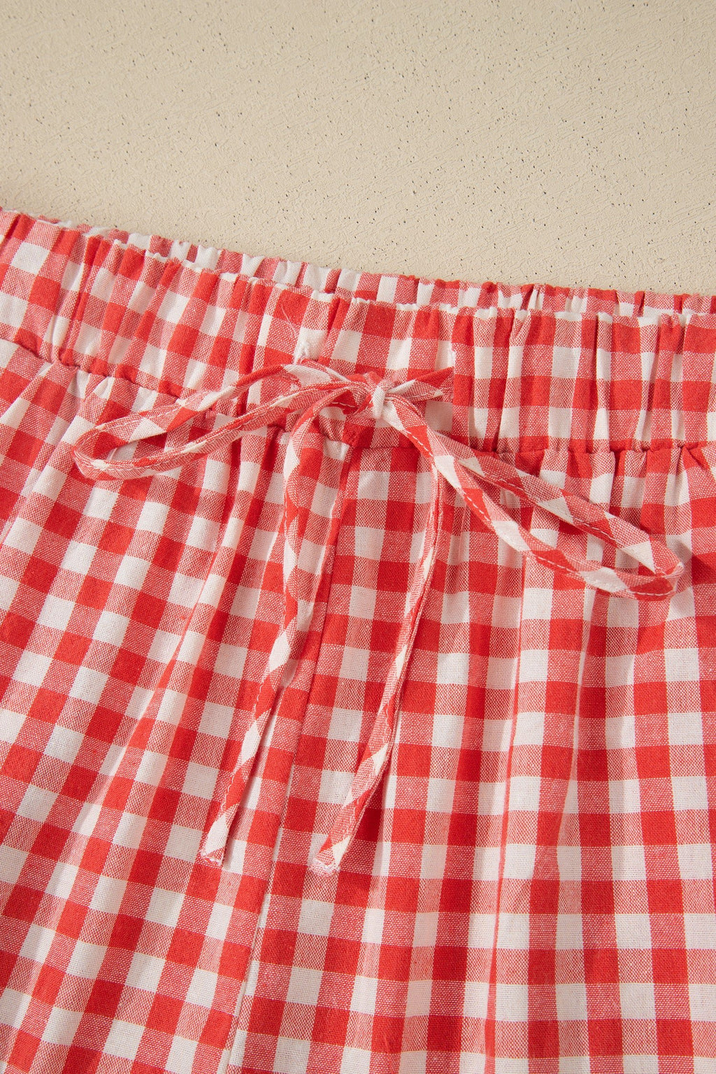 Red Gingham Plaid Tie Elastic Waist Lace Patchwork Hem Casual Shorts - Essential Retail Store