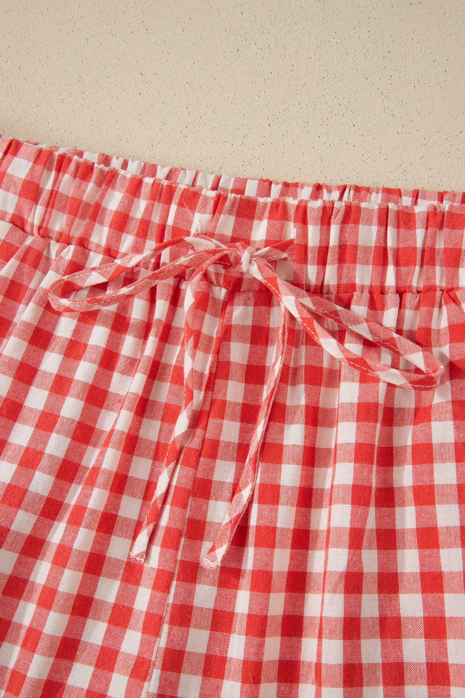 Red Gingham Plaid Tie Elastic Waist Lace Patchwork Hem Casual Shorts - Essential Retail Store