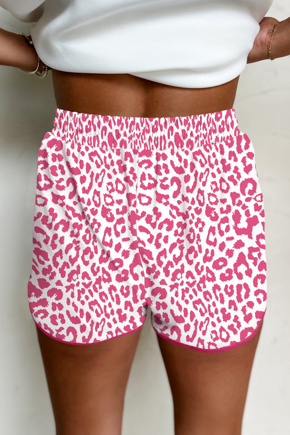Pink Leopard Elastic Waistband Lace up Contrast Trim Casual Shorts - Essential Retail Store