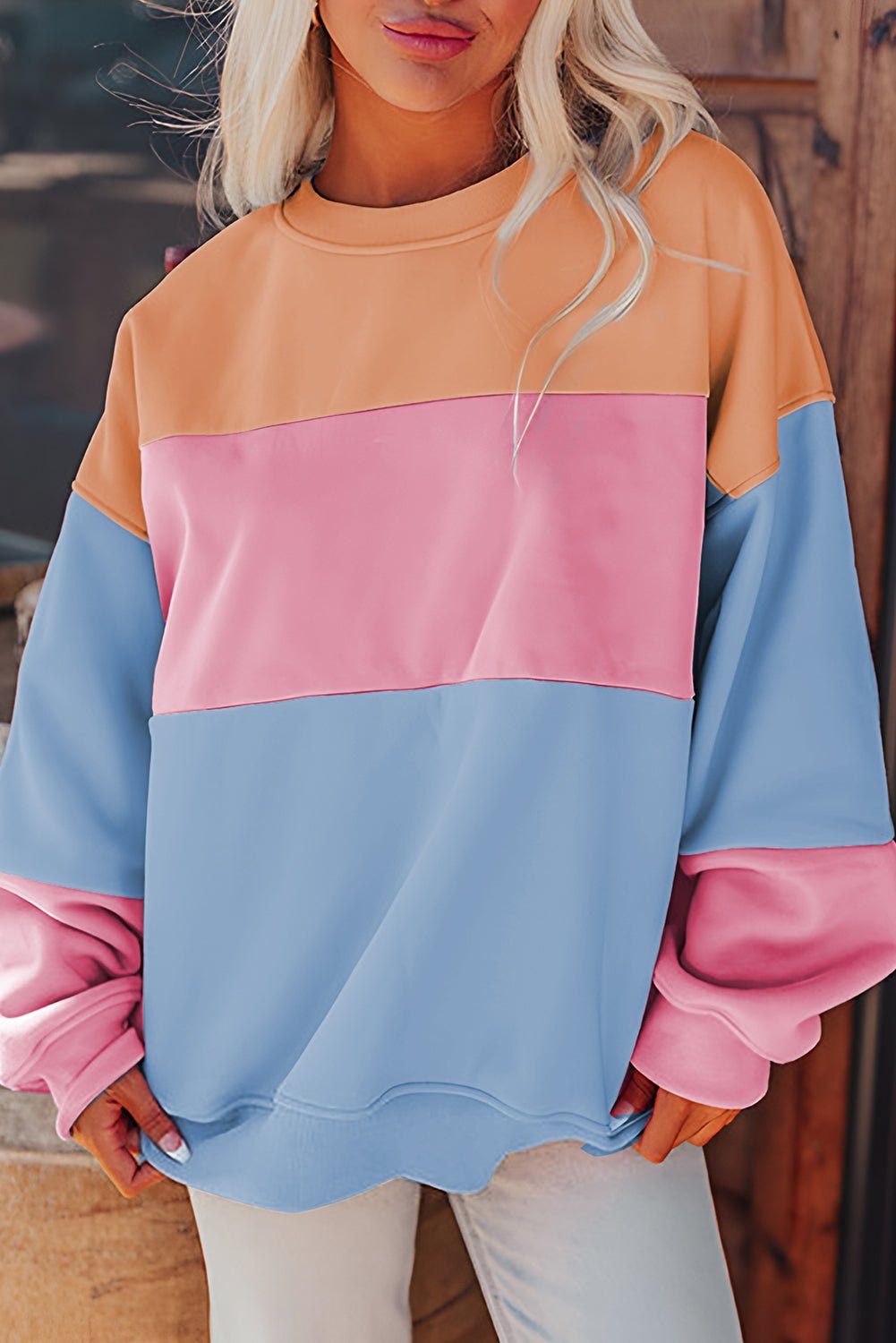 Meadow Mauve Colorblock Patchwork Drop Shoulder Sweatshirt - Essential Retail Store