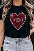 Black Rhinestone XOXO Heart Graphic Crewneck Tee - Essential Retail Store