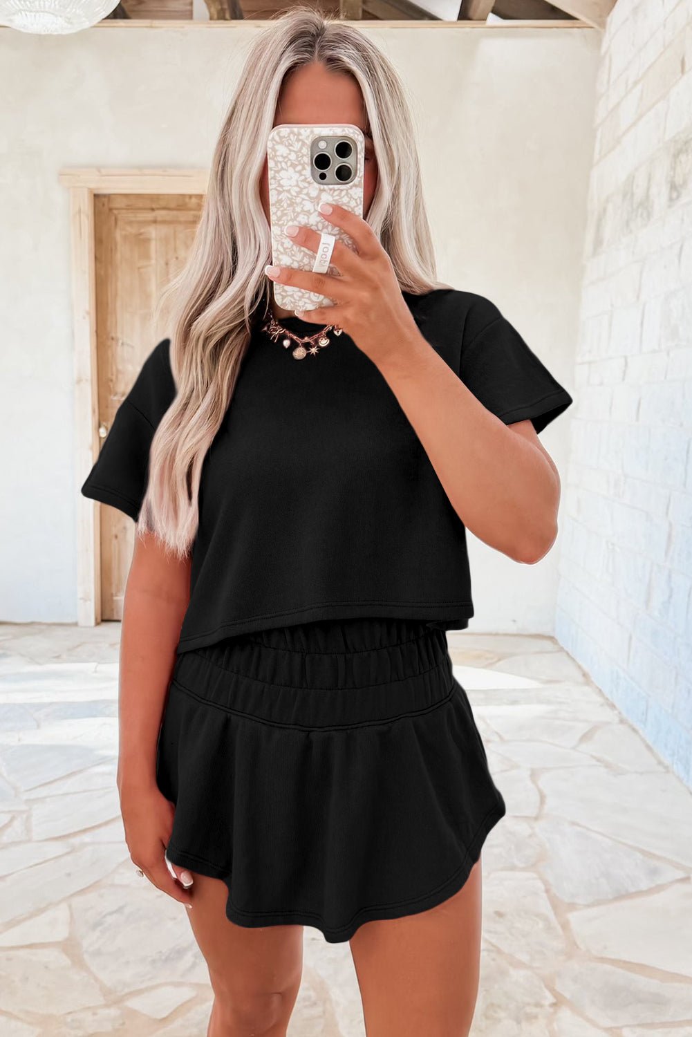 Black 2pcs Cropped Tee and Ruffle High Waist Skort Set - Essential Retail Store