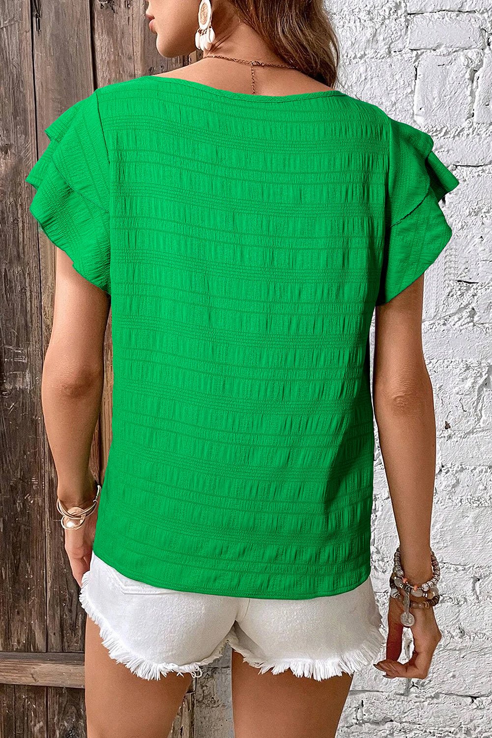 Dark Green Textured Ruffled Sleeve Round Neck Top - Essential Retail Store