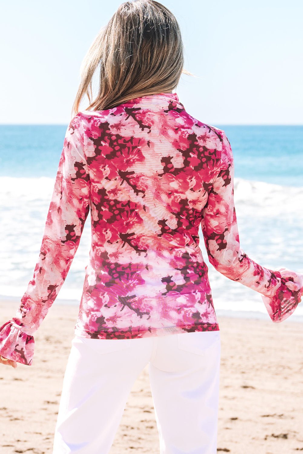 Rose Floral Mesh Flounce Sleeve Mock Neck Blouse - Essential Retail Store