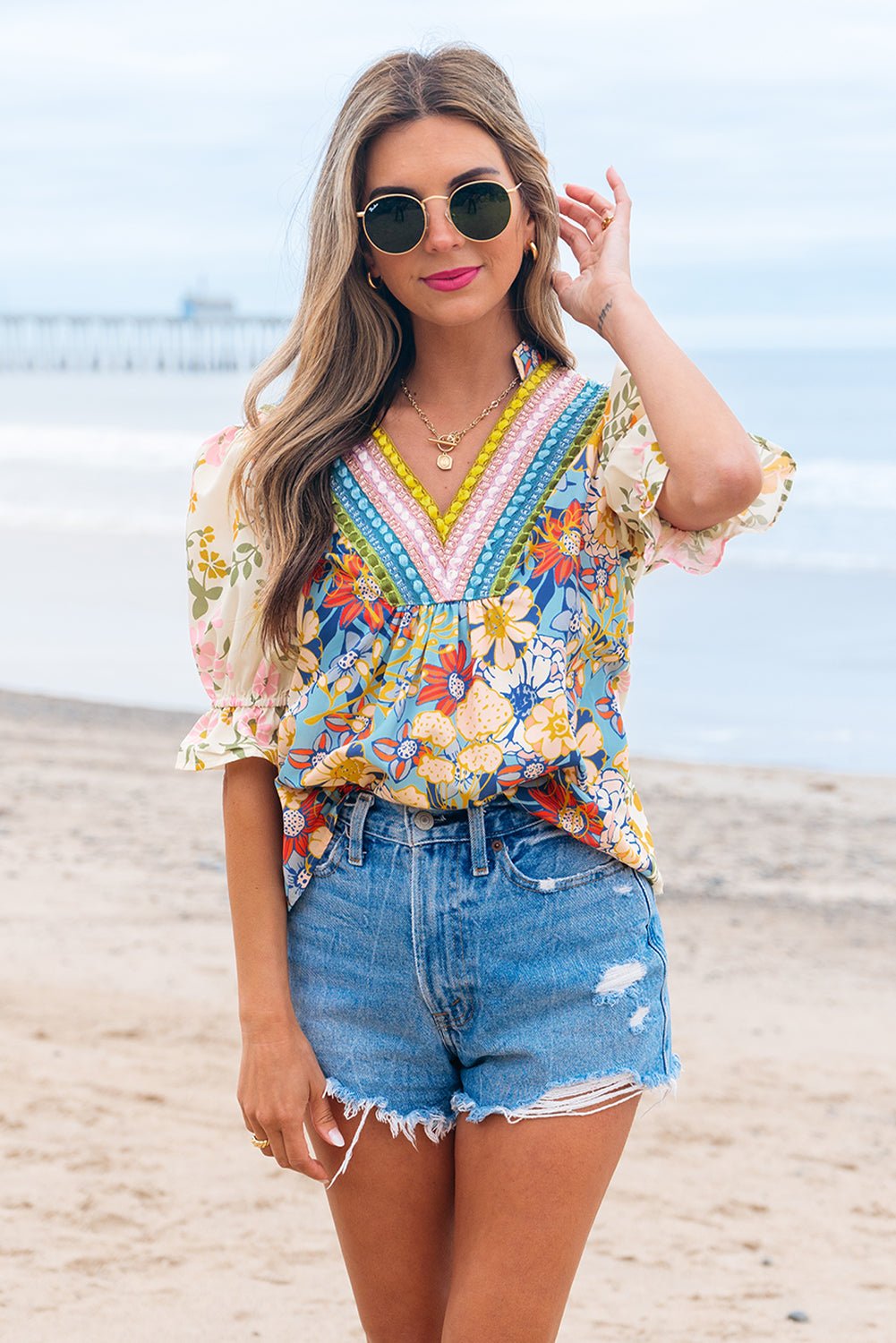 Multicolour Crochet V Neck Half Sleeve Boho Floral Blouse - Essential Retail Store