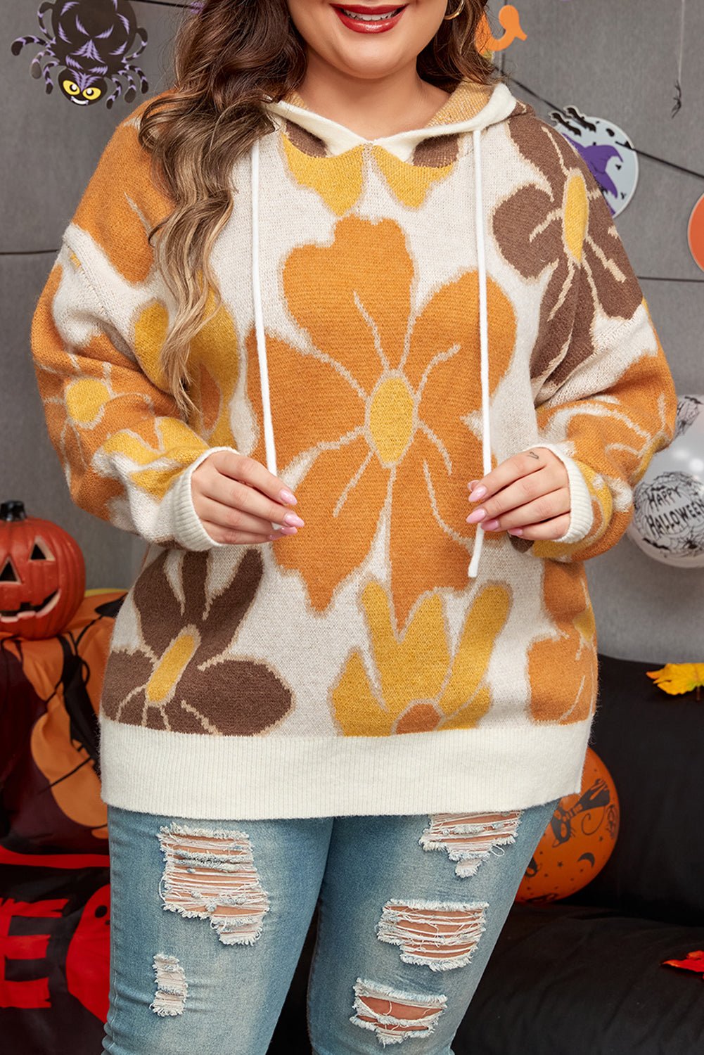 White Large Flower Knitted Drawstring Hooded Plus Size Sweater - Essential Retail Store