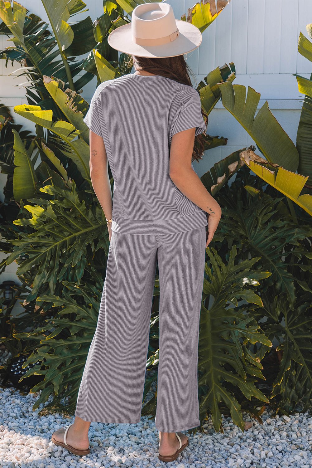 Blue Solid Corded Knit Short Sleeve T Shirt and Wide Leg Pants Set - Essential Retail Store